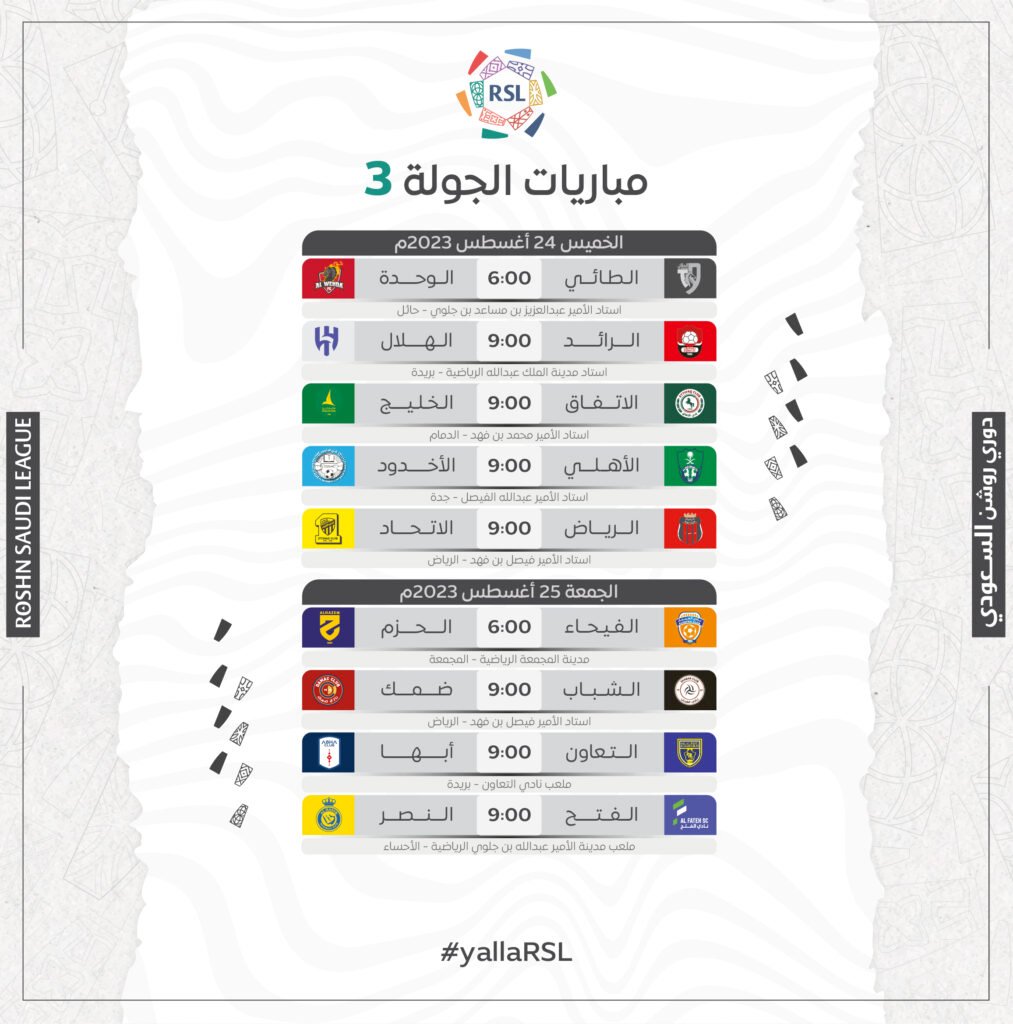 جدول مواجهات الجولة الثالثة من الدوري السعودي للمحترفين والتي ستقام يومي الخميس والجمعة